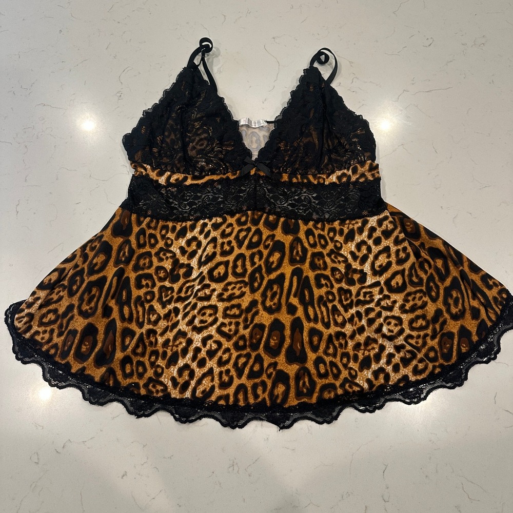 Avidlove Womens 2XL Leopard Print Lace Trim Babydoll Chemise Lingerie Top Black
